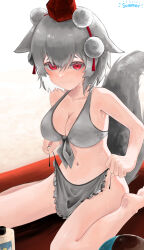 Rule 34 | barefoot, bikini, blush, breasts, cleavage, closed mouth, commentary, english commentary, full body, grey bikini, grey hair, hair flaps, hat, highres, inubashiri momiji, large breasts, looking at viewer, navel, outdoors, pom pom (clothes), red eyes, red hat, short hair, sitting, swimsuit, tail, tokin hat, touhou, wariza, wolf girl, wolf tail, youtube snh