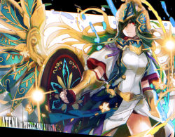Rule 34 | 1girl, armor, athena (p&amp;d), breastplate, character name, dress, gauntlets, green hair, helmet, long hair, magic, meer rowe, puzzle &amp; dragons, red eyes, shield, solo, sparkle, text focus, very long hair, white dress, wings
