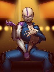 Rule 34 | 1girl, aquila (symbol), bald, blazbaros, bodysuit, bodysuit pull, breast hold, breasts, cleavage, club (weapon), commission, covering privates, covering crotch, extra arms, genestealer, highres, huge breasts, imperium of man, indoors, light particles, light rays, navel, nightclub, pole, pubic tattoo, purple eyes, purple lips, seductive smile, sitting, skin tight, smile, solo, stripper, tattoo, television, thick thighs, thighs, warhammer 40k, weapon, wide hips