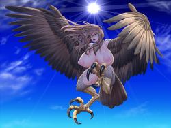 Rule 34 | 1girl, ahegao8, breasts, feathers, flight, green eyes, harpy, highres, huge breasts, monster girl, odhiumfree, open mouth, talons, thick thighs, thighs, wings