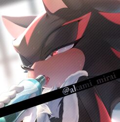 Rule 34 | 1boy, animal ears, animal nose, artist name, black fur, blurry, blurry background, blush, body fur, bottle, bracelet, fang, furry, furry male, gloves, gold bracelet, half-closed eye, hand up, hedgehog, hedgehog ears, holding, holding bottle, iiimirai, indoors, jewelry, light, looking to the side, lowres, male focus, one eye closed, open mouth, red eyes, red fur, shadow the hedgehog, skin fang, solo, sonic (series), sweat, tongue, tongue out, towel, two-tone fur, upper body, water, water bottle, watermark, white gloves, window