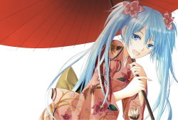 Rule 34 | 1girl, bad id, bad pixiv id, blue eyes, blue hair, flower, hair flower, hair ornament, hatsune miku, highres, japanese clothes, long hair, matching hair/eyes, oil-paper umbrella, open mouth, rune (rne at), simple background, solo, twintails, umbrella, vocaloid