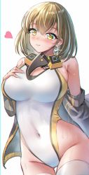 Rule 34 | 1girl, alternate costume, arknights, bad id, bad pixiv id, bird mask, black jacket, blush, breasts, brown hair, closed mouth, commentary, competition swimsuit, covered navel, earrings, futasan, glint, gluteal fold, groin, hand on own chest, heart, highleg, highleg swimsuit, highres, jacket, jewelry, large breasts, looking at viewer, magallan (arknights), mask, mask around neck, multicolored hair, off shoulder, one-piece swimsuit, open clothes, open jacket, short hair, simple background, single earring, solo, streaked hair, swimsuit, thigh gap, thighs, two-tone hair, wet, white background, white hair, yellow eyes