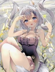 Rule 34 | 1girl, animal ears, blue eyes, blush, bonono, breasts, cat ears, hair between eyes, highres, looking at viewer, medium breasts, open mouth, original, sitting, solo, thighs, twintails, white hair