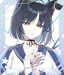 Rule 34 | 1girl, animal ears, black choker, black eyes, black hair, blue archive, blue sailor collar, bright pupils, cat&#039;s cradle, cat ears, choker, collarbone, commentary request, halo, haori, heart, highres, index fingers together, inset border, japanese clothes, kikyou (blue archive), own hands together, portrait, ribbon choker, sailor collar, school uniform, serafuku, short hair, solo, zzinbbang
