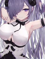 Rule 34 | 1girl, armpits, august von parseval (azur lane), august von parseval (the conquered unhulde) (azur lane), azur lane, between breasts, black bow, black dress, bow, breasts, curled horns, dress, framed breasts, hair over one eye, highres, horns, long hair, mechanical horns, official alternate costume, purple eyes, purple hair, reizouko, resolution mismatch, sleeveless, sleeveless dress, solo, source smaller, strap between breasts, two-tone dress, underboob, very long hair, white dress