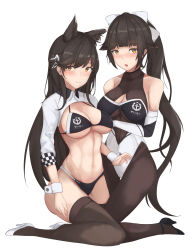 Rule 34 | 2girls, animal ears, atago (azur lane), atago (stunning speedster) (azur lane), azur lane, bikini, black hair, black legwear, bow, breasts, brown eyes, brown legwear, chinese commentary, commentary request, elbow gloves, extra ears, feet out of frame, full body, gloves, hair bow, high heels, highleg, highleg bikini, highleg swimsuit, highres, impossible clothes, kneeling, large breasts, leotard, logo, looking at viewer, mole, mole under eye, multicolored leotard, multiple girls, pantyhose, ponytail, race queen, shrug (clothing), sitting, swimsuit, takao (azur lane), takao (full throttle charmer) (azur lane), thighhighs, two-tone bikini, unitard, wariza, white bow, white footwear, wolf ears, wrist cuffs, yusha m
