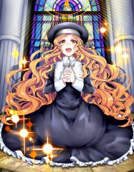 Rule 34 | 1girl, :d, artist request, blonde hair, church, cross, dress, grin, own hands clasped, happy, hat, highres, kneeling, long hair, looking up, nun, open mouth, own hands together, smile, stained glass, very long hair, yellow eyes