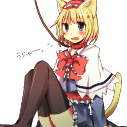 Rule 34 | 1girl, alice margatroid, animal ears, bad id, bad pixiv id, black thighhighs, blonde hair, blush, bow, cat ears, cat girl, cat tail, collar, fang, female focus, kemonomimi mode, leash, pasutel, purple eyes, short hair, sitting, solo, tail, thighhighs, touhou