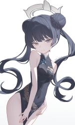 Rule 34 | 1girl, absurdres, bare arms, bare legs, bare shoulders, black dress, black hair, blue archive, breasts, china dress, chinese clothes, chiyo akira, covered navel, cowboy shot, dated, double bun, dragon print, dress, grey eyes, grey halo, hair bun, halo, highres, kisaki (blue archive), long hair, looking at viewer, signature, simple background, sleeveless, sleeveless dress, small breasts, solo, twintails, white background