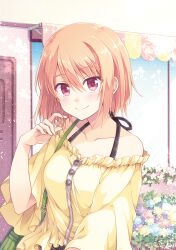 Rule 34 | 1girl, bag, bare shoulders, blue flower, blush, charlotte (anime), closed mouth, collarbone, commentary request, day, eyes visible through hair, flower, frilled shirt, frills, halterneck, hand up, handbag, highres, kousetsu, long sleeves, looking at viewer, medium hair, medoki (charlotte), orange hair, outdoors, red eyes, shirt, simple background, smile, solo, upper body, white flower, wide sleeves, yellow flower, yellow shirt