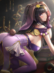 Rule 34 | 1girl, all fours, ass, bare shoulders, black hair, blunt bangs, book, book stack, breasts, commentary request, fake tail, feet out of frame, fire emblem, fire emblem awakening, fire emblem heroes, gonzarez, highres, large breasts, leotard, looking at viewer, nintendo, pantyhose, purple leotard, purple pantyhose, rabbit tail, smile, solo, tail, tharja (fire emblem), thighs, two side up
