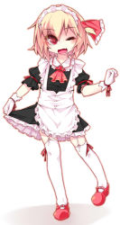 Rule 34 | 1girl, apron, black skirt, blonde hair, blush, clothes pull, eyebrows, frilled skirt, frills, full body, gloves, hair ribbon, highres, looking at viewer, maid headdress, miniskirt, one eye closed, open mouth, over-kneehighs, pulling own clothes, red eyes, red footwear, red ribbon, ribbon, rumia, shamo (koumakantv), shoes, simple background, skirt, skirt pull, smile, solo, standing, standing on one leg, thighhighs, touhou, white background, white gloves, white thighhighs, zettai ryouiki