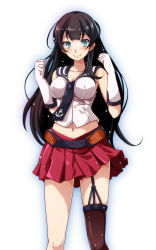Rule 34 | 1girl, agano (kancolle), anchor symbol, bare shoulders, belt, black hair, black sailor collar, blue eyes, blunt bangs, blush, breasts, brown legwear, cleavage, clenched hands, closed mouth, collarbone, elbow gloves, feet out of frame, garter straps, gloves, hands up, highres, kantai collection, long hair, looking at viewer, medium breasts, miniskirt, navel, pleated skirt, purple skirt, sailor collar, school uniform, serafuku, skirt, smile, solo, standing, tsukishiro saika, very long hair, white gloves