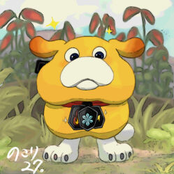 Rule 34 | animal collar, animal ears, animal focus, blue eyes, blue sky, closed mouth, cloud, collar, commentary request, countdown, day, dog, dog ears, dog tail, fire, floppy ears, grass, lightning bolt symbol, looking at viewer, nintendo, no humans, oatchi (pikmin), outdoors, oversized plant, pikmin (series), pikmin 4, red collar, sky, snowflakes, solo, sparkle, straight-on, tail, usuba (hatomugip), yellow fur