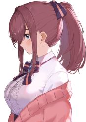 1girl alternate_hairstyle blue_eyes blush bow breasts brooch brown_hair closed_mouth collared_shirt commentary from_side hair_bow highres jacket jewelry large_breasts medium_hair neck_ribbon nijisanji off_shoulder open_clothes open_jacket pink_jacket ponytail profile purple_bow purple_ribbon ribbon shirt sidelocks simple_background smile solo sorotu striped_ribbon suzuhara_lulu upper_body virtual_youtuber white_background white_shirt