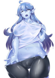 Rule 34 | 1girl, bad id, bad pixiv id, bike shorts, blue skin, breasts, colored skin, covered erect nipples, female focus, highres, large breasts, long hair, looking at viewer, monster girl, nipples, original, plump, pointy ears, see-through, simple background, slime girl, solo, telescopic, thigh gap, white background, wide hips