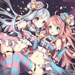 Rule 34 | 2girls, blue eyes, blue hat, blue thighhighs, blush, closed mouth, detached sleeves, grey hair, hat, looking at viewer, multiple girls, navel, original, parted lips, pingo, pink eyes, pink hair, pink hat, pink legwear, striped clothes, striped legwear, striped thighhighs, teeth, thighhighs