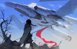 Rule 34 | 1girl, aircraft, airplane, black hair, braid, cape, day, flag, from behind, gauntlets, highres, long hair, mad jojo, original, science fiction, sky, solo, sword, tree, vehicle focus, weapon