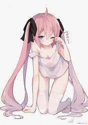 Rule 34 | 1girl, ahoge, all fours, arm support, arm up, bare arms, bare shoulders, black bow, blue eyes, blush, bow, breasts, collarbone, commentary, dated, dress, english commentary, grey background, hair between eyes, hair bow, long hair, mimelond, no shoes, one eye closed, original, pink hair, romaji text, rubbing eyes, signature, simple background, sleepy, sleeveless, sleeveless dress, small breasts, solo, strap slip, thighhighs, translation request, twintails, very long hair, white dress, white thighhighs