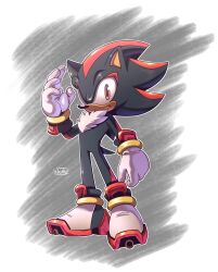 Rule 34 | 1boy, absurdres, animal ears, artist name, black footwear, black fur, full body, furry, furry male, gloves, highres, looking at viewer, multicolored footwear, novika, outline, red eyes, red footwear, red fur, scribble, shadow the hedgehog, shoes, simple background, solo, sonic (series), tail, white background, white footwear, white gloves, white outline