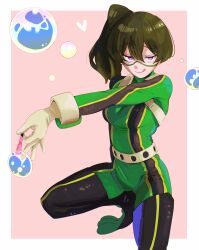 Rule 34 | 1girl, :q, absurdres, asui tsuyu, asui tsuyu (cosplay), bchan1582, bodysuit, boku no hero academia, border, commentary, cosplay, english commentary, gloves, green bodysuit, green hair, half-closed eyes, highres, long hair, looking at viewer, outstretched arm, pink background, purple eyes, side ponytail, smile, soap bubbles, solo, sousou no frieren, squatting, tongue, tongue out, ubel (sousou no frieren), white border, white gloves