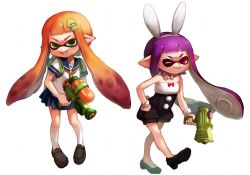 Rule 34 | 2girls, animal ears, bare shoulders, detached collar, dress, fake animal ears, fangs, green eyes, hair ornament, hairclip, inkling, inkling girl, inkling player character, leotard, loafers, monster girl, multiple girls, nintendo, nishizawa, one eye closed, orange hair, playboy bunny, pointy ears, puffy shorts, purple hair, rabbit ears, rabbit tail, red eyes, sailor dress, school uniform, shoes, shorts, simple background, skirt, smile, splatoon (series), splatoon 1, splattershot (splatoon), splattershot jr (splatoon), super soaker, tail, tentacle hair, wrist cuffs