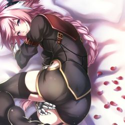 Rule 34 | 1boy, ass, astolfo (fate), blush, braid, commentary request, crossdressing, fang, fate/apocrypha, fate (series), garter straps, hair ribbon, highres, hip vent, long hair, looking at viewer, male focus, ohara hiroki, pink hair, purple eyes, ribbon, single braid, smile, solo, thighhighs, trap