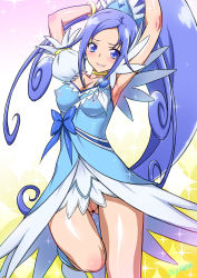 Rule 34 | 1girl, armpits, arms up, artist name, blue bow, blue eyes, blue hair, bottomless, bow, breasts, brooch, choker, cleft of venus, covered erect nipples, cure diamond, dokidoki! precure, dress, eyelashes, heart, heart brooch, hishikawa rikka, impossible clothes, impossible dress, jewelry, joy ride, leg lift, long hair, looking at viewer, magical girl, matching hair/eyes, medium breasts, no panties, open mouth, ponytail, precure, pussy, smile, solo, sparkle, tiara, uncensored, very long hair