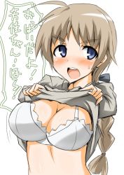 Rule 34 | 1girl, ahoge, bad id, bad pixiv id, blue eyes, blush, bra, braid, breasts, brown hair, cleavage, clothes lift, dakku (ogitsune), large breasts, lingerie, long hair, lynette bishop, open mouth, shirt lift, single braid, solo, strike witches, underwear, world witches series