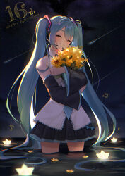 Rule 34 | 1girl, absurdres, aqua hair, bare shoulders, black skirt, blue hair, blue necktie, closed eyes, closed mouth, collared shirt, commentary, detached sleeves, flower, happy birthday, hatsune miku, headset, highres, long hair, mamo (fortune-mm), musical note, necktie, night, night sky, hugging object, pleated skirt, shirt, shooting star, skirt, sky, sleeveless, sleeveless shirt, smile, solo, standing, star (sky), starry sky, twintails, very long hair, vocaloid, wading, white shirt, yellow flower