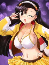 Rule 34 | 1girl, absurdres, asymmetrical bangs, black hair, bra, breasts, brown eyes, cleavage, girls und panzer, hairband, highres, jacket, large breasts, long hair, looking at viewer, navel, nishi kinuyo, oekaki lemon, one eye closed, open clothes, open jacket, open mouth, skirt, solo, underwear, v