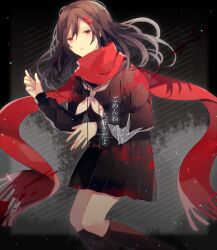 Rule 34 | 1girl, additional memory (vocaloid), ambiguous red liquid, black sailor collar, black serafuku, black skirt, black socks, brown hair, crying, crying with eyes open, feet out of frame, fingernails, floating hair, fringe trim, grey background, hair ornament, hairclip, haru ta kun, highres, kagerou project, kneehighs, long hair, long scarf, long sleeves, looking at viewer, lyrics, mekakucity actors, monochrome background, neckerchief, origami, paper crane, parted lips, pleated skirt, red eyes, red scarf, sad, sailor collar, scarf, school uniform, serafuku, skirt, socks, solo, stained clothes, tateyama ayano, tears, vocaloid, white neckerchief