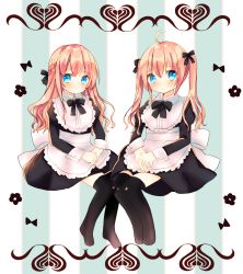 Rule 34 | 2girls, apron, black bow, black dress, black legwear, blonde hair, blue eyes, blush, bow, braid, closed mouth, commentary request, dress, hair between eyes, hair bow, highres, juliet sleeves, kohaku muro, long hair, long sleeves, looking at viewer, maid, multiple girls, no shoes, original, own hands together, parted lips, puffy sleeves, siblings, sisters, sitting, thighhighs, twintails, very long hair, waist apron, white apron