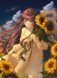 Rule 34 | 1girl, :d, absurdres, breasts, brown hair, cleavage, clothes lift, cloud, collarbone, dress, dress lift, flower, highres, holding, holding flower, huge filesize, jisu lee, leaf, lifted by self, medium breasts, meteor, open mouth, original, sky, smile, solo, star (sky), starry sky, summer, sundress, sunflower, sunlight, sunset, upper body, yellow dress, yellow eyes