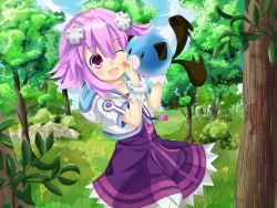 Rule 34 | 10s, 1girl, :d, ;d, blush, d-pad, dogoo, dress, female focus, forest, grav, hair ornament, hood, hoodie, nature, neptune (neptunia), neptune (series), one eye closed, open mouth, purple eyes, purple hair, short hair, slime, smile, solo, tail, tail wagging, tree, wink