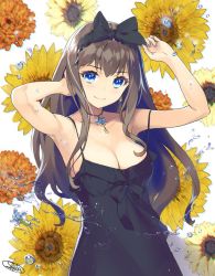 Rule 34 | 1girl, bare shoulders, blue eyes, blush, bow, breasts, brown hair, cleavage, closed mouth, collarbone, dress, flower, hair between eyes, hair ribbon, jewelry, large breasts, long hair, looking at viewer, necklace, original, ribbon, sanbasou, sleeveless, smile, solo, sunflower