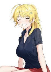 Rule 34 | 1girl, ^ ^, ^o^, black skirt, blonde hair, bra visible through clothes, breasts, cleavage, closed eyes, closed eyes, hachimiya meguru, highres, idolmaster, idolmaster shiny colors, large breasts, open collar, ponytail, red skirt, shirt, simple background, skirt, smile, solo, sweatdrop, tennen inari, wet, wet clothes, wet shirt, white background