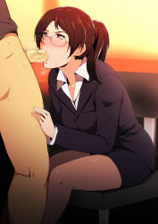 Rule 34 | 1boy, 1girl, ace of diamond, annoyed, blush, bottomless, brown eyes, brown hair, business suit, censored, chair, clothed female nude male, cum, cum in mouth, fellatio, formal, glasses, greco roman (spiral brain), hand on another&#039;s leg, hand on another&#039;s thigh, hands on another&#039;s leg, hands on another&#039;s thigh, heart, hetero, highres, indoors, nude, office lady, oral, pantyhose, parted bangs, pencil skirt, penis, ponytail, saliva, short ponytail, sitting, skirt, skirt suit, solo focus, suit, sweat, takashima rei, veins, veiny penis