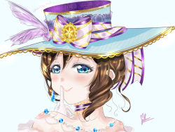 Rule 34 | 1girl, alternate hairstyle, aqua eyes, aqua hat, artist name, artist request, back bow, bare shoulders, blue bow, blue corset, blue detached collar, blue eyes, blush, bow, bowtie, breasts, brown hair, checkered clothes, cleavage, close-up, collarbone, corset, curly hair, detached collar, detached sleeves, diagonal stripes, dress, drop earrings, earrings, feathers, female focus, finger to mouth, frilled dress, frills, from behind, gem, gloves, green dress, hair between eyes, hair bun, hat, hat bow, hat feather, jewelry, long hair, looking at viewer, looking back, love live!, love live! nijigasaki high school idol club, love live! school idol festival, love live! school idol festival all stars, necklace, osaka shizuku, parted lips, pearl (gemstone), pearl necklace, pink lips, short hair, short sleeves, smile, solo, striped, striped bow, white background, white bow, white feathers, white gloves, yagate hitotsu no monogatari, yagate hitotsu no monogatari (love live!)