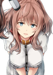 Rule 34 | 10s, 1girl, aqua eyes, breast pocket, breasts, brown hair, colored eyelashes, dress, hair between eyes, highres, impossible clothes, kamelie, kantai collection, large breasts, lips, long hair, looking at viewer, neckerchief, parted lips, pocket, ponytail, red neckerchief, saratoga (kancolle), short sleeves, side ponytail, smokestack, solo, tongue, v arms, white dress