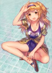 Rule 34 | 10s, 1girl, breasts, brown eyes, checkered floor, from above, full body, hairband, i-26 (kancolle), indian style, kantai collection, large breasts, light brown hair, long hair, looking at viewer, name tag, new school swimsuit, one-piece swimsuit, open clothes, open mouth, sailor collar, salute, school swimsuit, short sleeves, sitting, solo, swimsuit, swimsuit under clothes, two-tone hairband, two side up, urokoda
