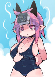 Rule 34 | 1girl, adjusting clothes, adjusting swimsuit, animal ears, breasts, choker, cleavage, computer fan, cowboy shot, fake animal ears, hand fan, highres, large breasts, one-piece swimsuit, original, petite, pink eyes, pink hair, pointy ears, solo, sweat, swimsuit, zankuro