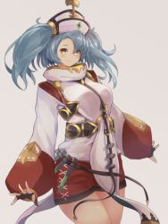 Rule 34 | 1girl, belt, blue hair, breasts, bright pupils, character request, closed mouth, fingerless gloves, gloves, granblue fantasy, hat, highres, jacket, large breasts, light smile, long sleeves, shorts, simple background, smile, solo, sophia (granblue fantasy), twintails, white pupils, yellow eyes, yonaga san