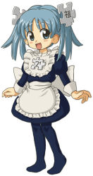 Rule 34 | 1girl, :d, apron, aqua eyes, aqua hair, blue dress, blush, commentary, dress, english commentary, frilled apron, frills, full body, hair ornament, juliet sleeves, kasuga (kasuga39), long sleeves, looking at viewer, maid, maid apron, no shoes, official art, open mouth, pantyhose, puffy sleeves, puzzle piece hair ornament, simple background, skirt, smile, solo, standing, twintails, waist apron, white apron, white background, wikipe-tan, wikipedia