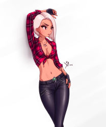 Rule 34 | 1girl, against wall, arm above head, arm at side, arm tattoo, arm up, ashe (overwatch), belt, belt buckle, black nails, bob (overwatch), breasts, buckle, bullet, casual, chain, cleavage, collarbone, commentary, cowboy shot, dated, earrings, english commentary, eyelashes, eyeshadow, fingerless gloves, gloves, hand on own hip, jewelry, leather, leather pants, leo queval, looking to the side, makeup, medium breasts, midriff, nail polish, navel, navel piercing, necklace, overwatch, overwatch 1, pants, piercing, plaid, plaid shirt, red eyes, red shirt, shirt, short hair, short sleeves, signature, simple background, solo, stud earrings, tattoo, taut clothes, taut pants, tied shirt, white background, white hair, zipper