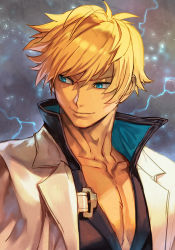 Rule 34 | 1boy, black shirt, blonde hair, blue eyes, collarbone, electricity, floating hair, guilty gear, guilty gear strive, hair between eyes, hungry clicker, jacket, jacket on shoulders, ky kiske, lightning, looking to the side, male focus, muscular, muscular male, pectorals, shaded face, shirt, short hair, solo, upper body, v-neck, white jacket