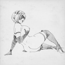 2b_(nier:automata) ass black_blindfold black_hairband blindfold breasts closed_mouth from_behind gigantic_breasts grabbing_own_breast hair_over_one_eye hairband high_heels huge_ass misaki_yukihiro short_hair tagme thick_thighs thighhighs thighs white_hair