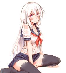 Rule 34 | 1girl, albino, between legs, black thighhighs, blush, breasts, closed mouth, commentary request, frown, hair flaps, hand between legs, long hair, looking at viewer, medium breasts, miniskirt, neckerchief, no shoes, original, paw print, platinum blonde hair, pleated skirt, red eyes, rinrin (927413), school uniform, see-through silhouette, serafuku, shirt, short sleeves, simple background, sitting, skirt, solo, sweat, thighhighs, very long hair, wariza, wet, wet clothes, wet shirt, white background