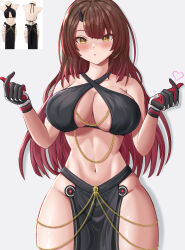 1girl :o absurdres armanditto bare_shoulders black_gloves blush breasts brown_hair chain cleavage cowboy_shot criss-cross_halter finger_heart gloves gold_chain gradient_hair grey_background halterneck highres hololive jewelry large_breasts long_hair looking_at_viewer mannequin multicolored_hair navel pelvic_curtain pink_hair roboco-san standing streaked_hair thighs two-tone_hair virtual_youtuber yellow_eyes